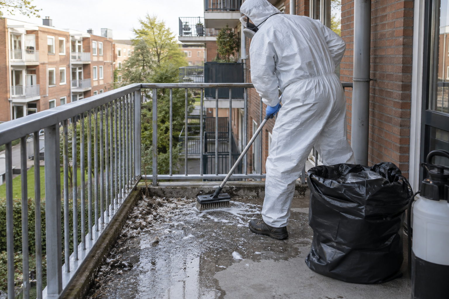 Illustratieve situatie van professionele verwijdering van duivenpoep op een balkon